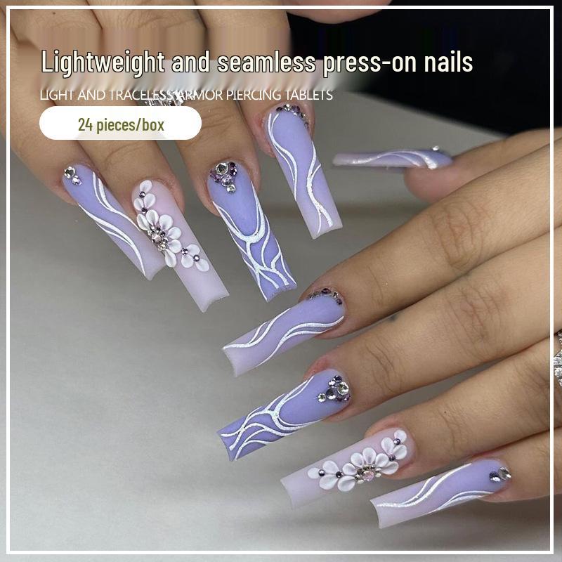 

Violet Flower Matte Extra-Long Wear-and-Go Nail Art Tips Gold-Plated Sealing Glue