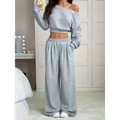 Spring Autumn Round Neck Solid Color Crop Top Women Elastic Waist Sports Sweatshirt Suit Female Sports Set