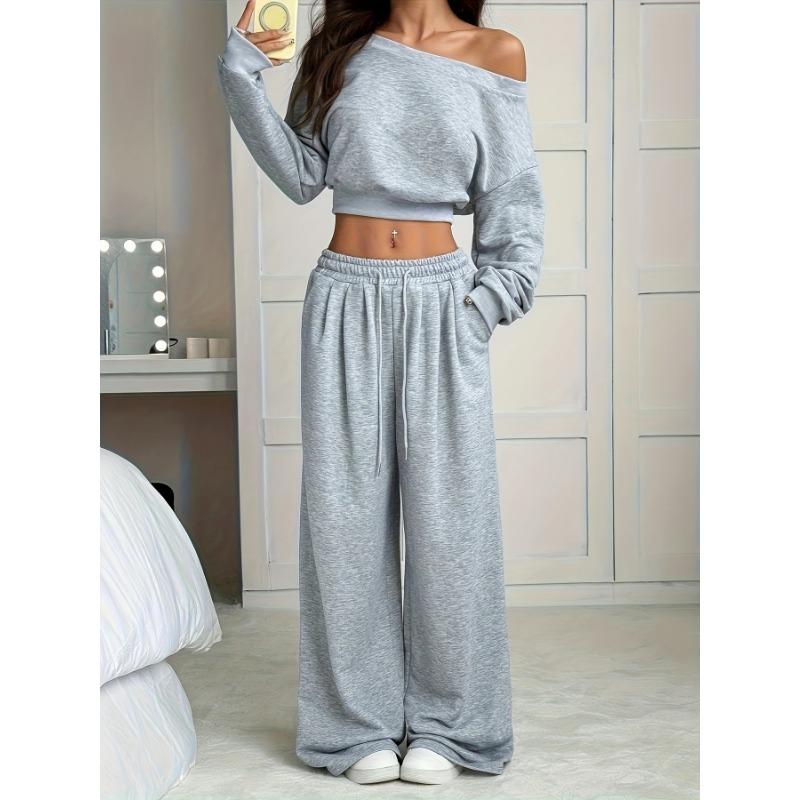 Spring Autumn Round Neck Solid Color Crop Top Women Elastic Waist Sports Sweatshirt Suit Female Sports Set