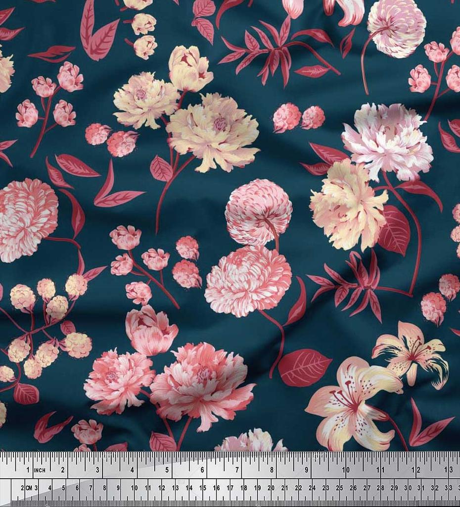 Soimoi Japan Crepe Satin Fabric Leaves,Peony & Dahlia Flower Printed Fabric 1 Metre 42 Inch