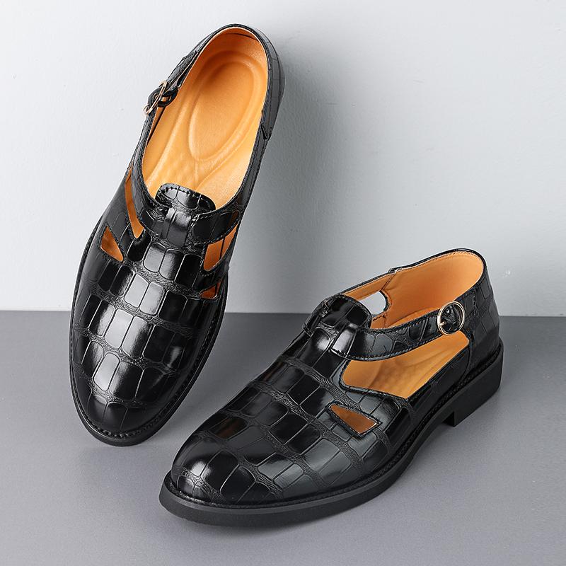 Trend Nieuwe Rome Puntige Neus Casual Leer Geperforeerd Ademende Schoenen voor Mannen Designer Sandalen Bruidsjurk Formele Platte Schoenen