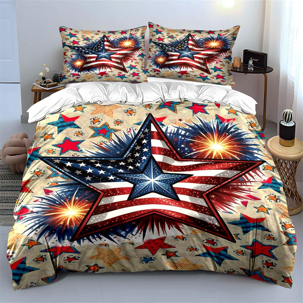 Patriotic Star Firework Design Bedding Duvet Cover Set Duvet Cover Pillowcases (1 * Duvet Cover 2 * Pillowcases, without duvet insert)