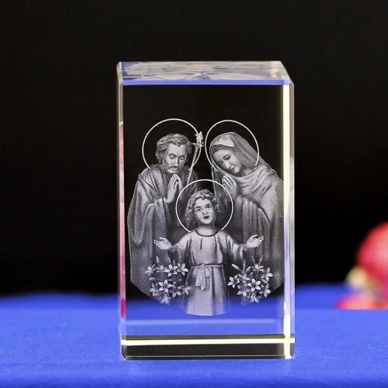 3D  Crystal Cube Christian Jesus Cross Figurine Home Decor Virgin Mary Laser Engrave Crystal Religious Gifts for Women's Birth