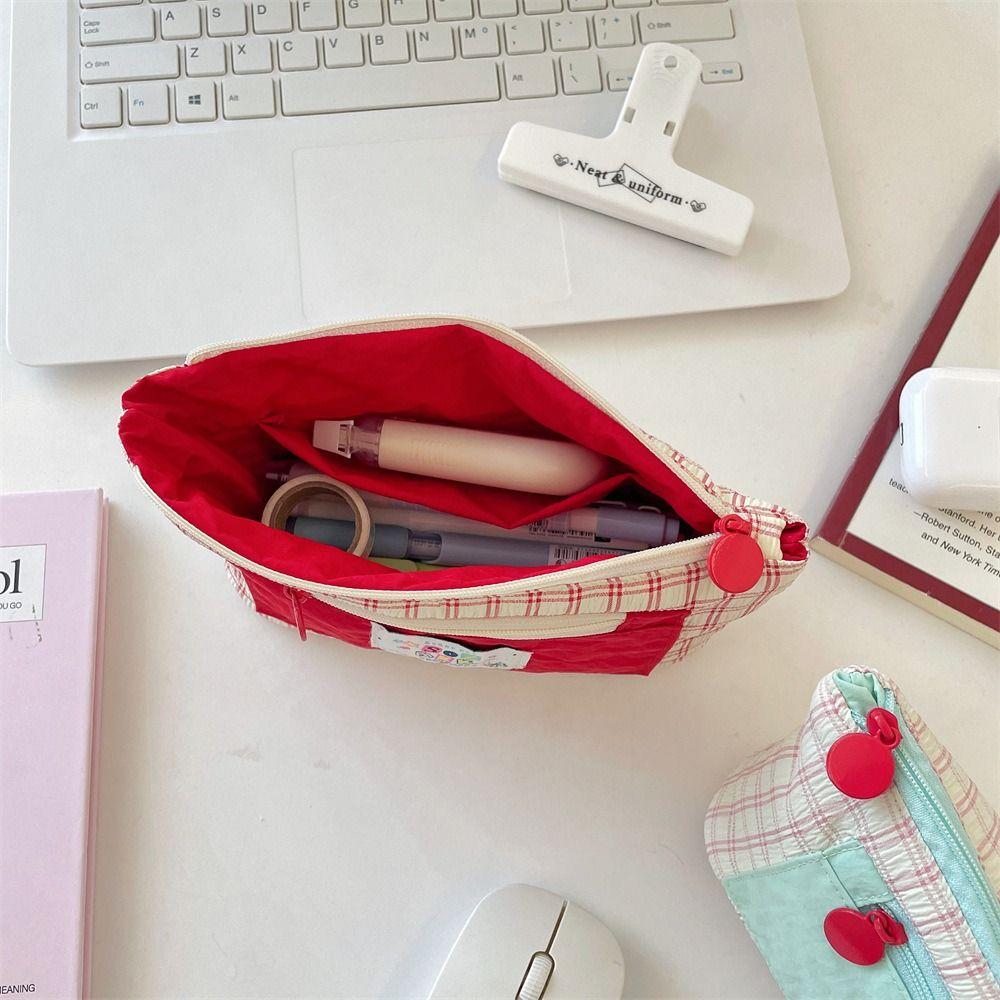 Portable Contrasting Grid Pen Case Dopamine Cute Makeup Bag Casual Cartoon Stationery Box  School