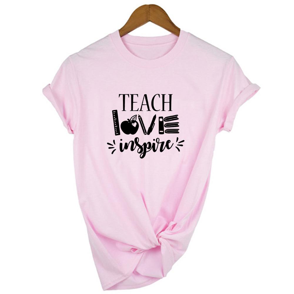 Teach Love Inspire Letter Ruler Pen Book Print Graphic Tees Women Casual Teacher T Shirt