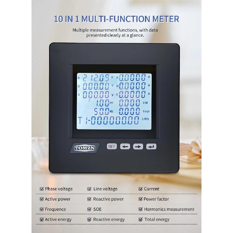 TOMZN 3 Phase 4 Wire System Multi-functional Meter Phase Voltage Line Voltage Current Active/Reactive Power PF RS485 Password