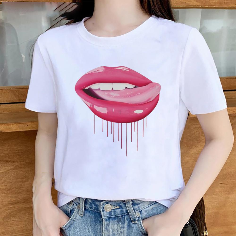 Summer Sexy Lip Print Short Sleeve Tshirt Womens Fashion Graphic Top High Street Slim Fit Modal Fabric