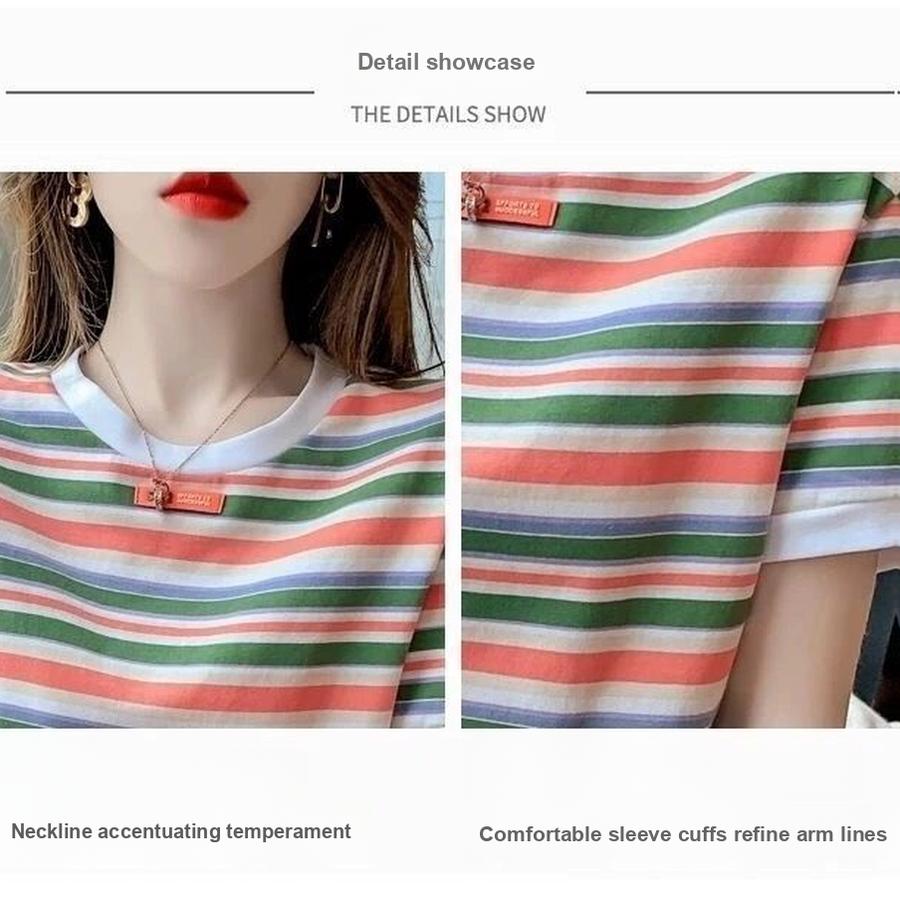 Style Vintage Feeling! Rainbow Color Block Striped T-Shirt Loose Short Sleeve Top for Women Trendy