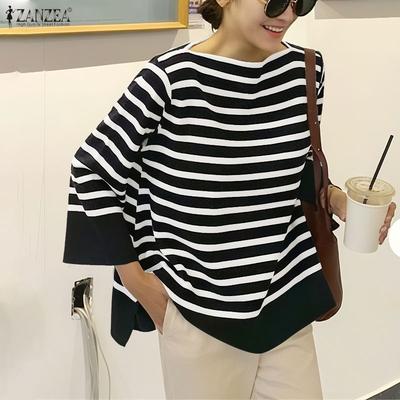 Blouse rayée décontractée à col rond ample à manches 3/4 pour femmes