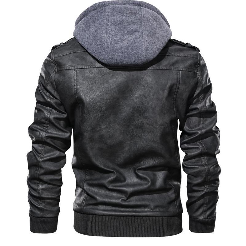 Popular Hooded Leather Jacket Men's Trendy Casual Motorcycle Jacket Removable Hood Men's Leather Jacket