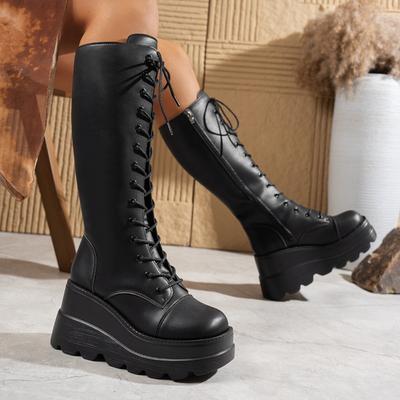 Plus Size Platform Boots Winter New Round Toe Lace-Up Side Zip No Knee Wedge Heel Tall Boots