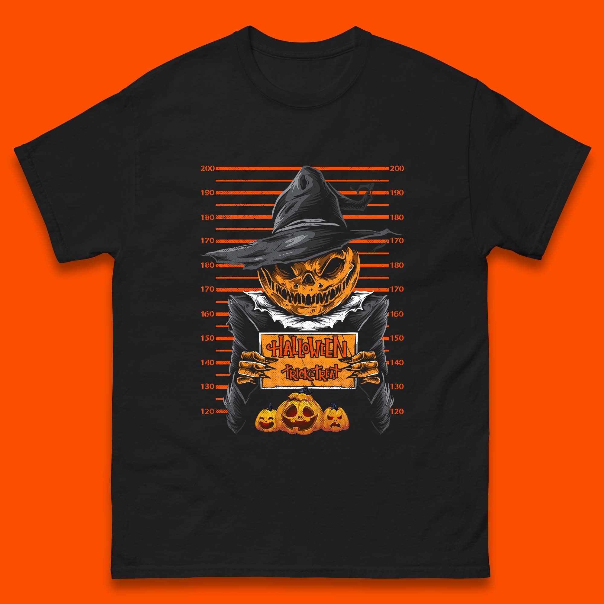 

Halloween Trick Or Treat Scarecrow Mugshot Pumpkin Head Witch Hat Horror Scary Mens Tee Top 2XL