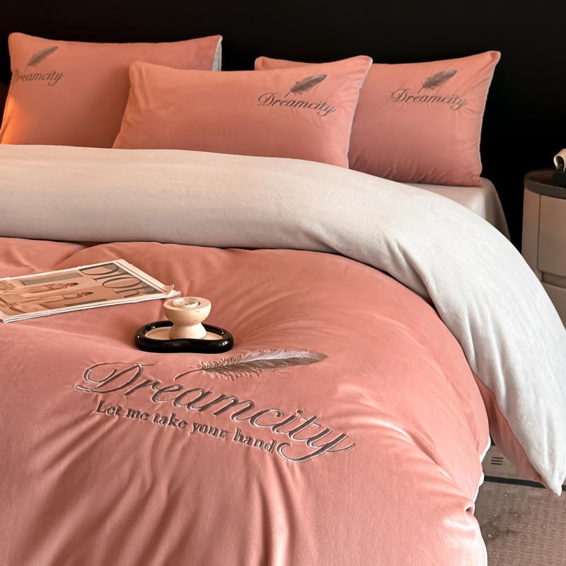 Thickened Milk Fleece Four-Piece Set, Coral Double-Sided Fleece Embroidered Crystal Fleece Quilt Cover, Bed Sheet, Bed Hat Three-Piece Set