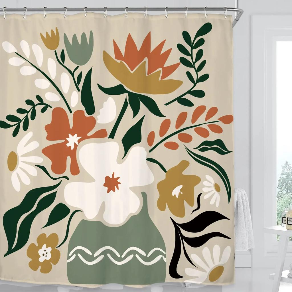 Colorful Flower Shower Curtain, Matisse Flower Danish Pastel Flower Abstract Mid-Century Minimalist Bohemian Bathroom Decoration