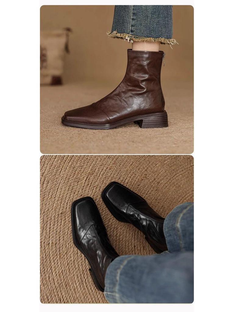 Wyszczuplające botki ze skóry jagnięcej 2025: Damskie Buty Martin na Średnim Obcasie Vintage, Czarny Kwadratowy Nosek, Kolekcja Jesień/Zima.