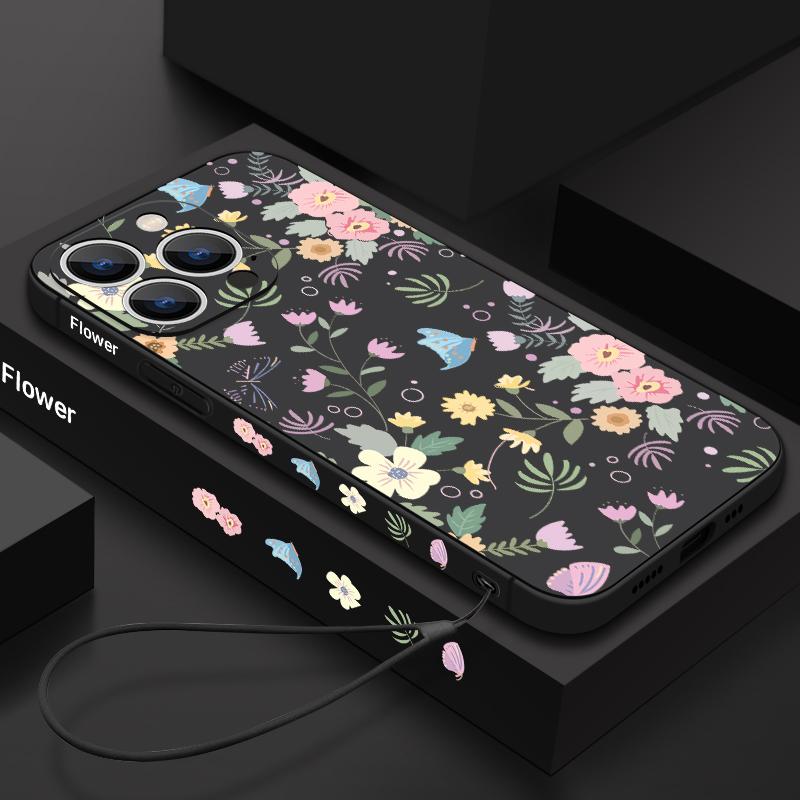 Shockproof Flower Print Phone Case For iPhone 16 15 14 Pro Max 13 Plus 12 Mini 11 8 7 Slim TPU Soft Lanyard Cover