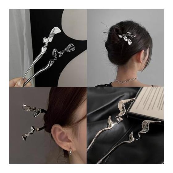 2-Piece Hair Stick Set, Simple Hairpin for Hair Styling, Vintage Style Hair Accessory for Yukata, Kimono, Graduation - Gunmetal + Silver Metallic &
