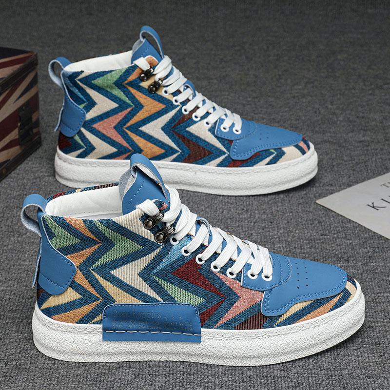New Designer Print Canvas Shoes for Men 2024 Harajuku Style Blue High Top Sneakers Men Espadrilles Breathable Vulcanized Sneaker
