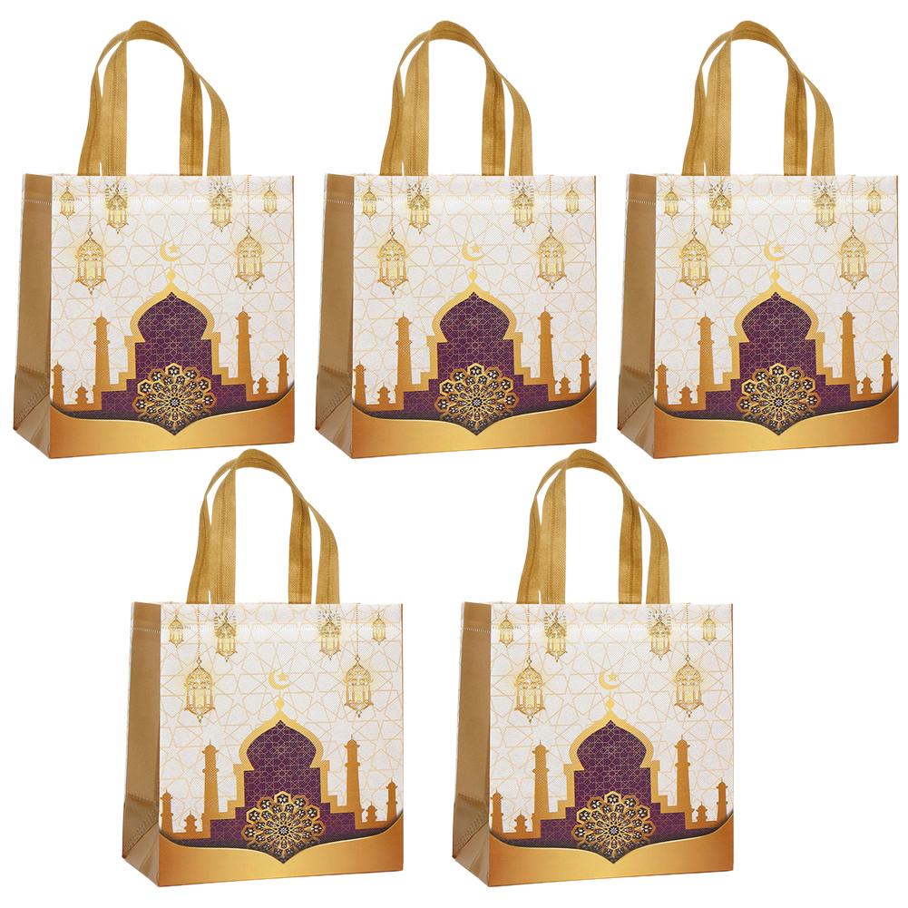 

5PCS Eid Mubarak Non-Woven Gift Bags With Handles Cookie Candy Packaging Bag For Treats Dates Mosque Pattern Colorful Goodie Bag