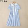 VONDA Women Doll Collar Short Sleeve Pleated Midi Dress