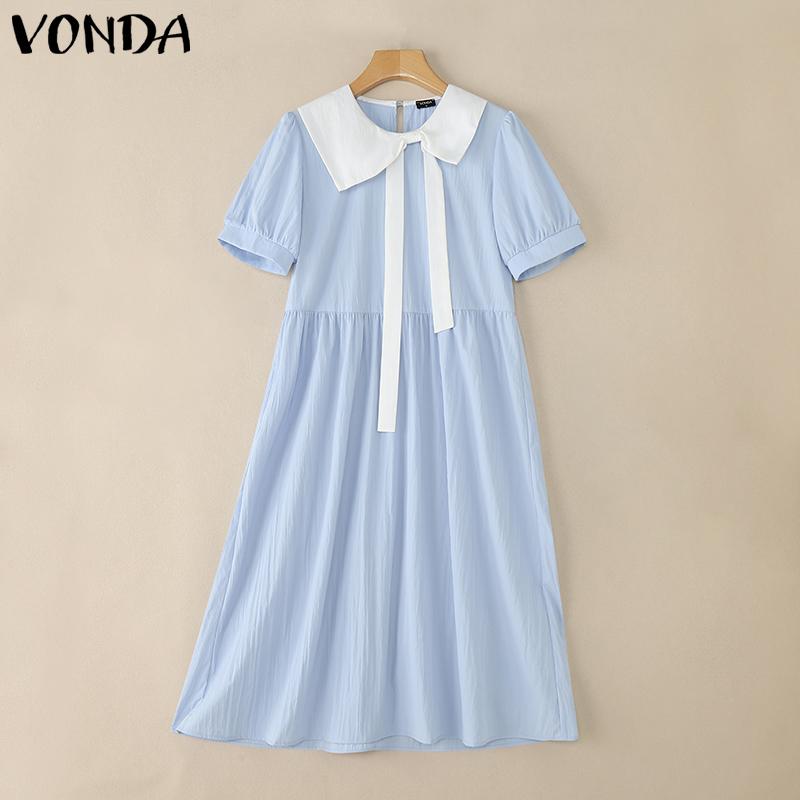 VONDA Women Doll Collar Short Sleeve Pleated Midi Dress
