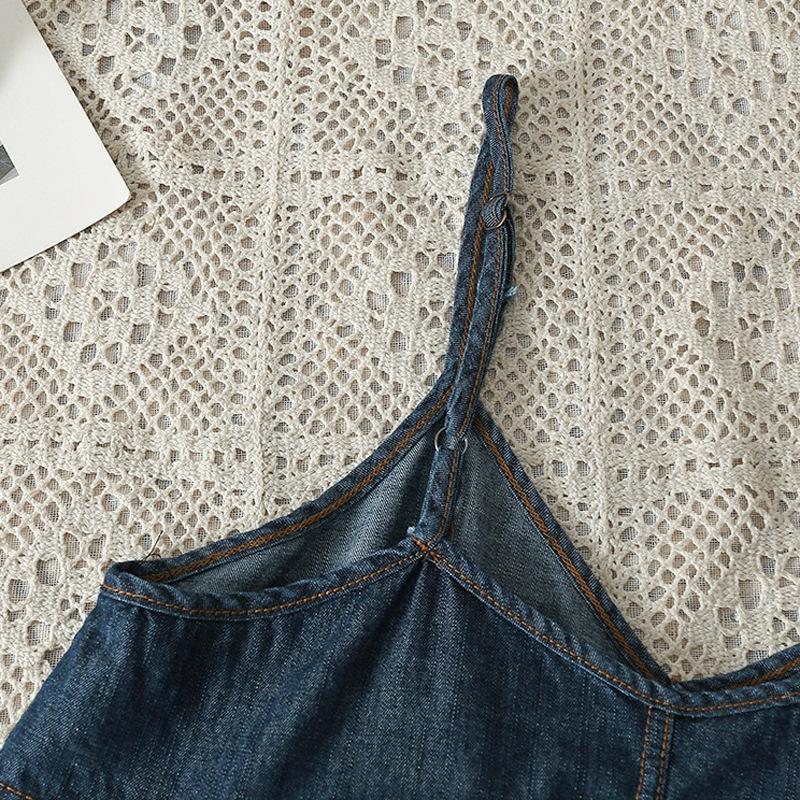 Elegance Casual Stylish Vest Versatile Denim V-neck Camisole Undershirt Female Dark Color Design Sense Hem Ruffled Ruffles Loose Short Tops Summer