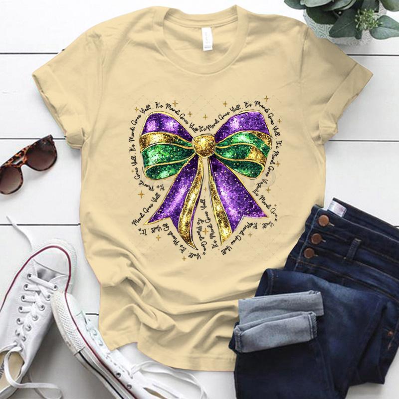 Coquette Bow Mardi Gras Shirt for Women Carnival Glitter Bow Graphic Tee Fat Tuesday Shirt Mardi Gras Party Crew Neck Clothing