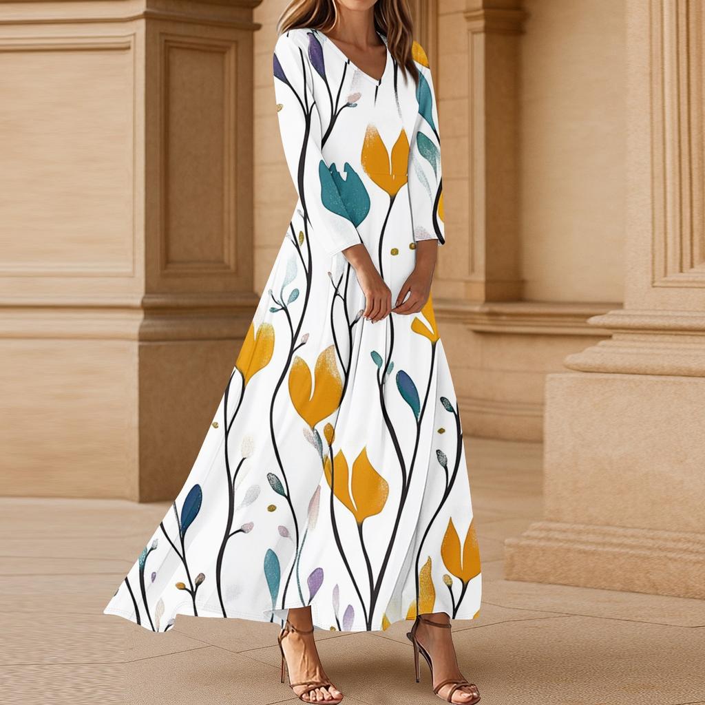 Women's Casual 3/4 Sleeve V-Neck Floral Print Maxi A-Line Beach Dress