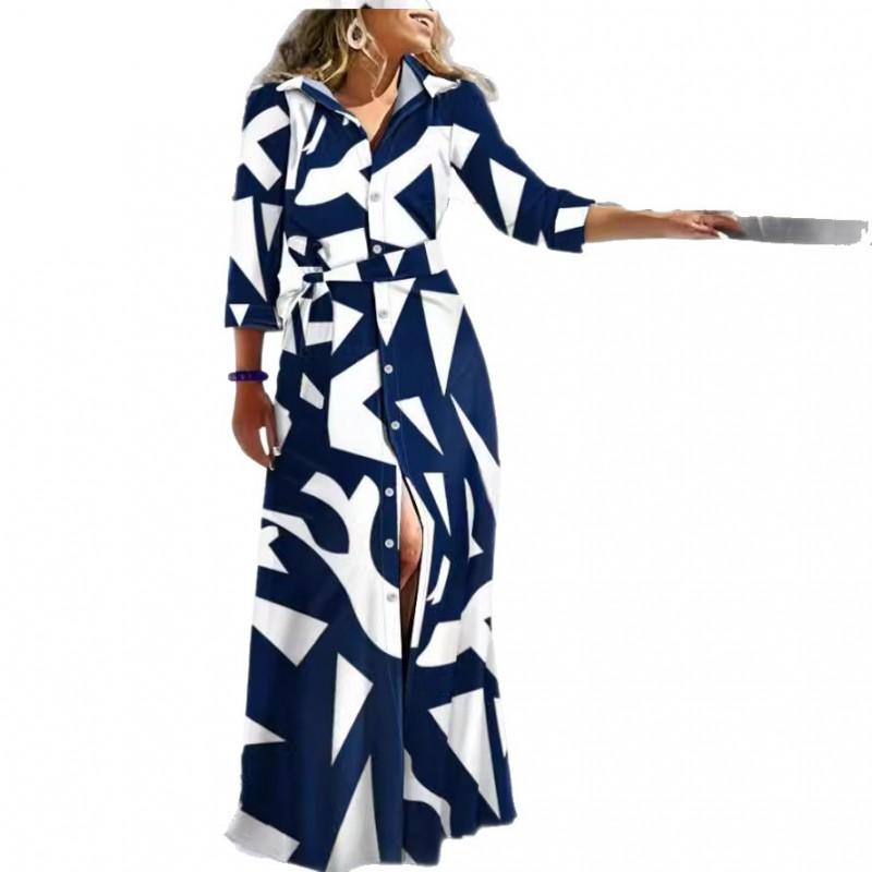 Womens Long Sleeve Printed Shirt Dress Loose Fit V-Neck Midi To Maxi Length Elegant Office Wear
