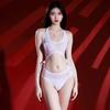 Women Sexy Tight Bodysuit Hollow Oil Shiny Glossy  Swimwear With Pearl Massage Open Crotch Swimsuit Ultra-Thin Lace Up Bikini