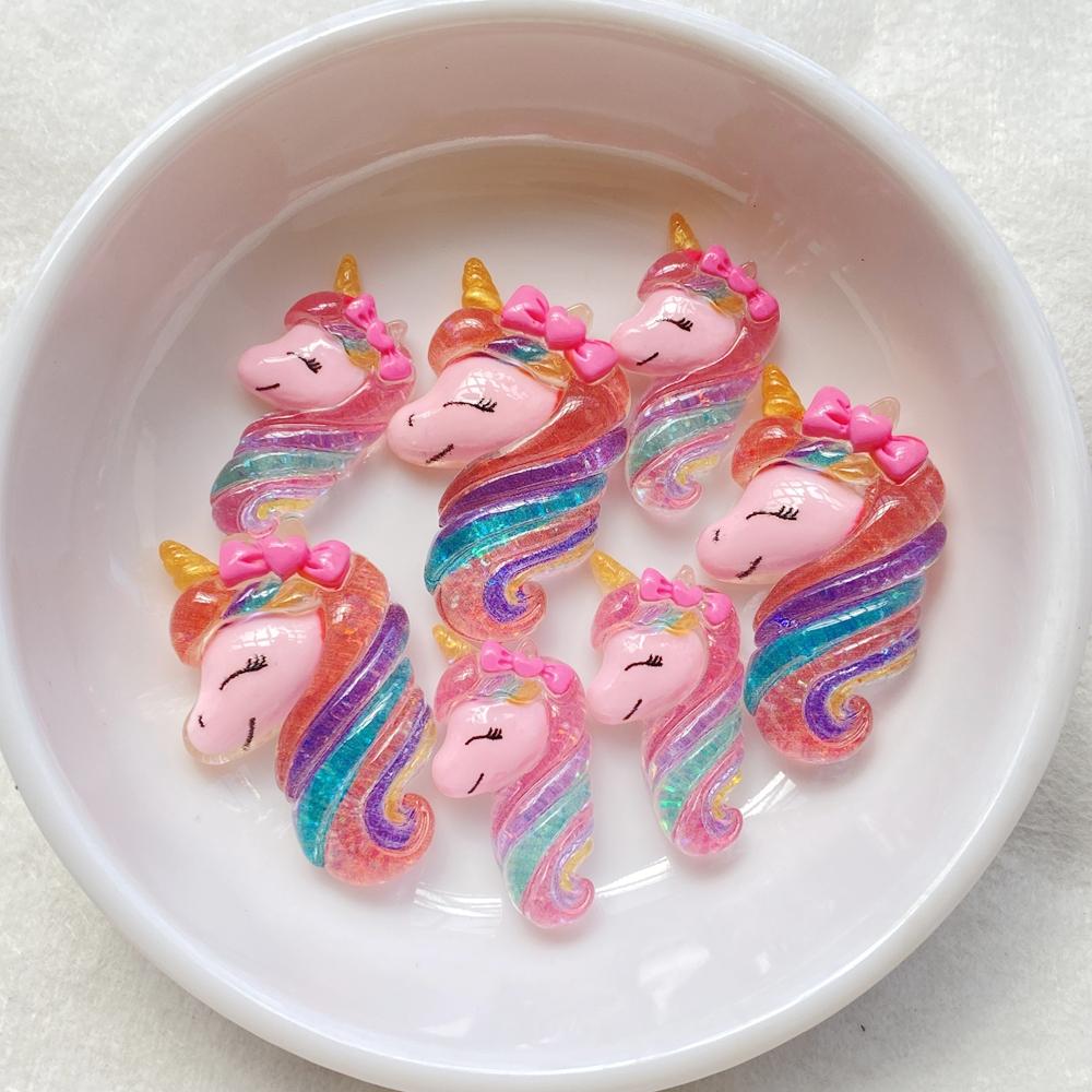 10Pcs Cute Cartoon Shiny Unicorn Flat Back Scrapbook Figurine DIY Bow Decor Accessories Crafts