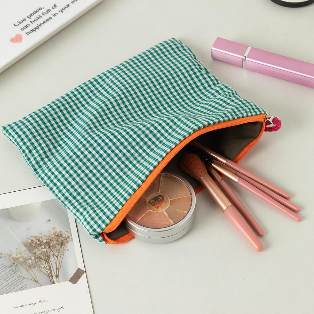 Canvas Grid Pattern Makeup Bag With Zipper For Daily Use And Travel Storage