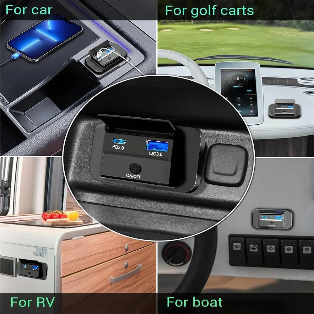 12V-24V Zásuvka nabíječky do auta PD 30W a QC 3.0 18W USB C Duální porty Rychlonabíjecí zásuvka Panel s tlačítkovým spínačem pro RV Loď Auto