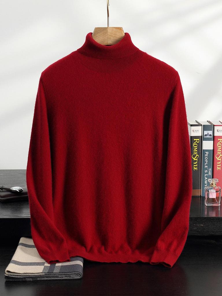 Men's High Neck Cashmere Sweater - Solid Color, Long Sleeve Knitwear for Casual and Business Wear