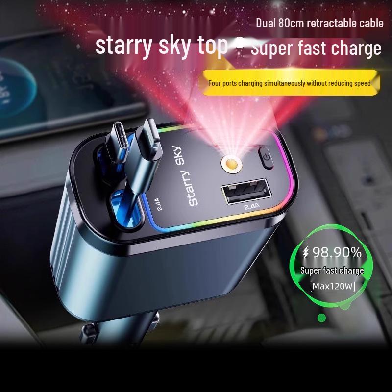 Retractable 4-in-1 Car Charger with RGB Ambient Light and Starry Sky Ceiling.