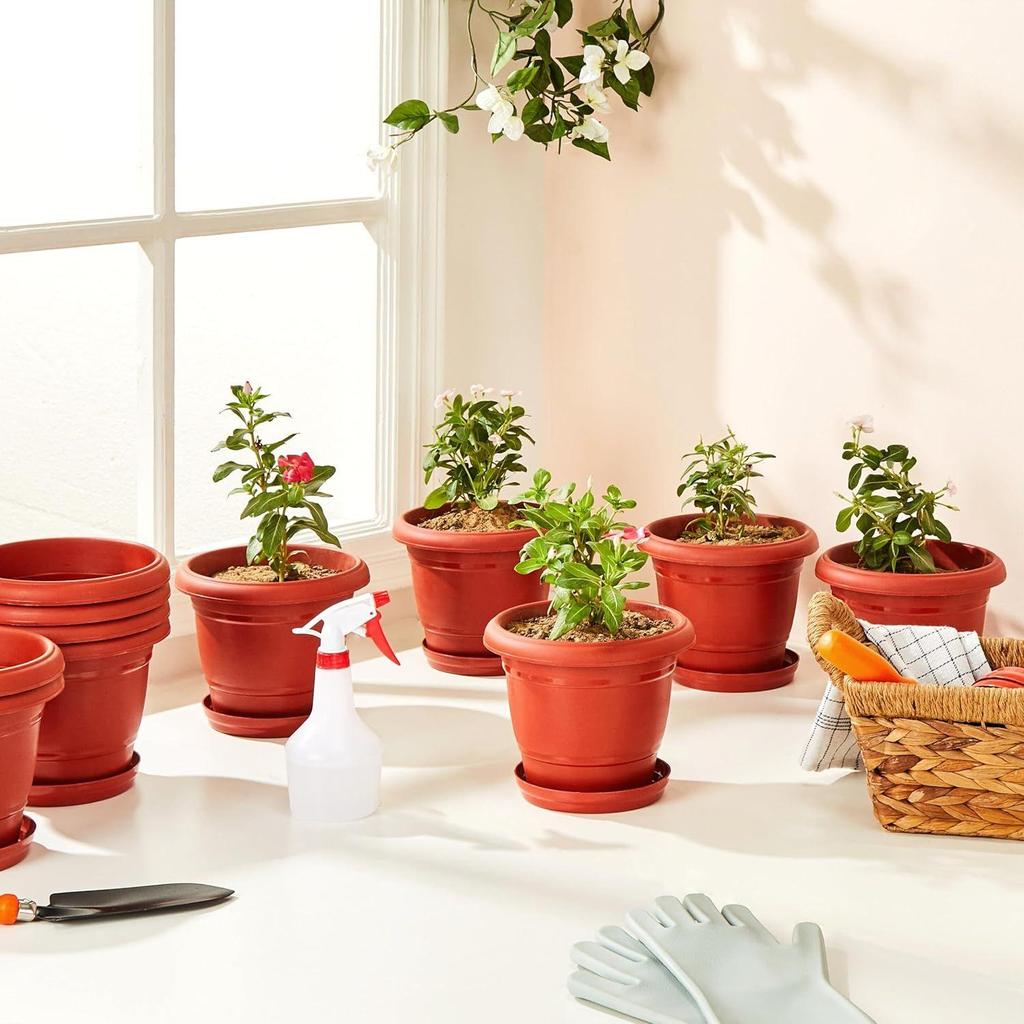 Runde Blumentöpfe mit Untersetzer|Leichtgewicht|Innen- und Außentopf für Heim-/Büro-/Tisch-/Garten-/Balkondekoration|8 Zoll (12er-Set)