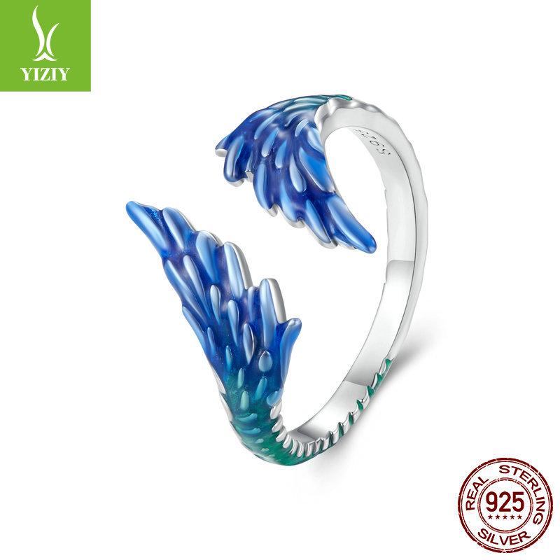 925 Sterling Silver Gradual Change Blue Wing Opening Ring Men And Women, Personality Trend Wing Adjustable Ring