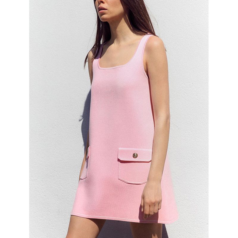 Spring and Summer New Women's Clothing Flip Stickers Pocket Decoration Short Sleeveless Square Collar Spaghetti Straps Knitted Dress 4192054