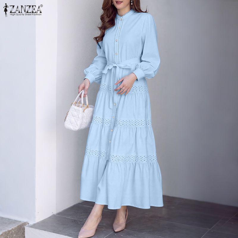 ZANZEA Women Casual Round Neck Loose Long Sleeve Dress