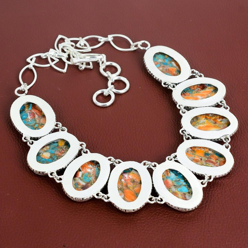 Spiny Oyster Copper Turquoise Gemstone Necklace 925 Sterling Silver Necklace Handmade Adjustable Chain Necklace Vintage Jewelry Gift For Mom