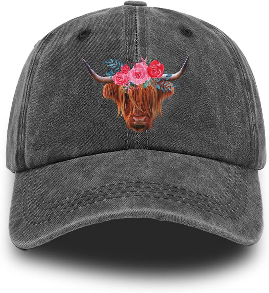 Highland Cow Floral Baseball Cap Vintage Washed Denim Outdoor Casual Adjustable Hat