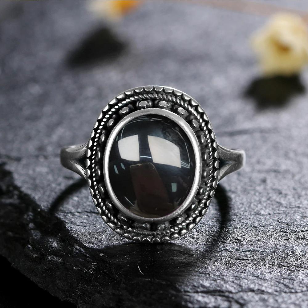 Vintage 925 Sterling Copper Ring Natural Black Onyx Ring Oval Round Stone Retro Fine Zircon Gift Sun Shaped For Women Men