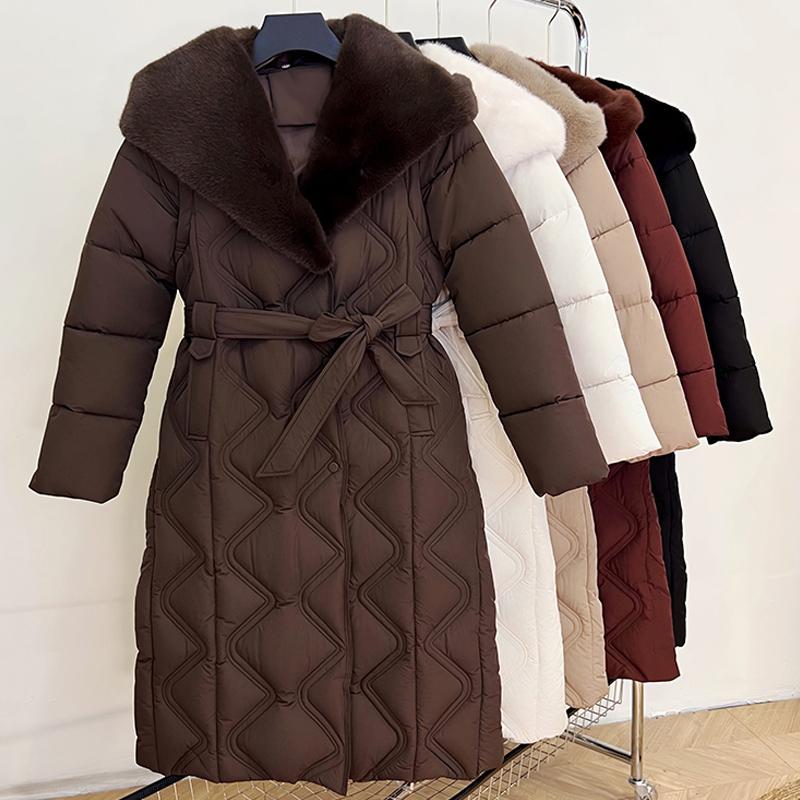 Mărimi Mari L-7XL Palton de Iarnă la Modă pentru Femei Parka Lungă cu Glugă din Blană Faux Jachete Groase Largi pentru Femei cu Centură