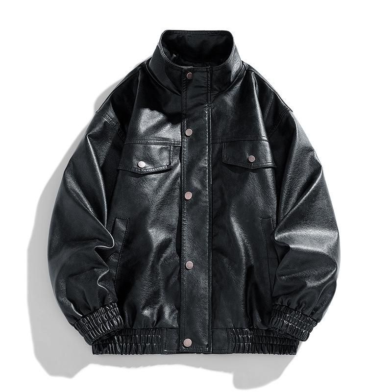 Large Size Trendy Fashion Jacket Stand Collar Casual Spring and Autumn New Loose Men's Motorcycle Leather Jacket for Men