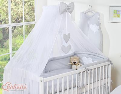 Large Mosquito Net for a Baby's Bed Made of White Chiffon with Hearts and a Bow - Gray Hangers