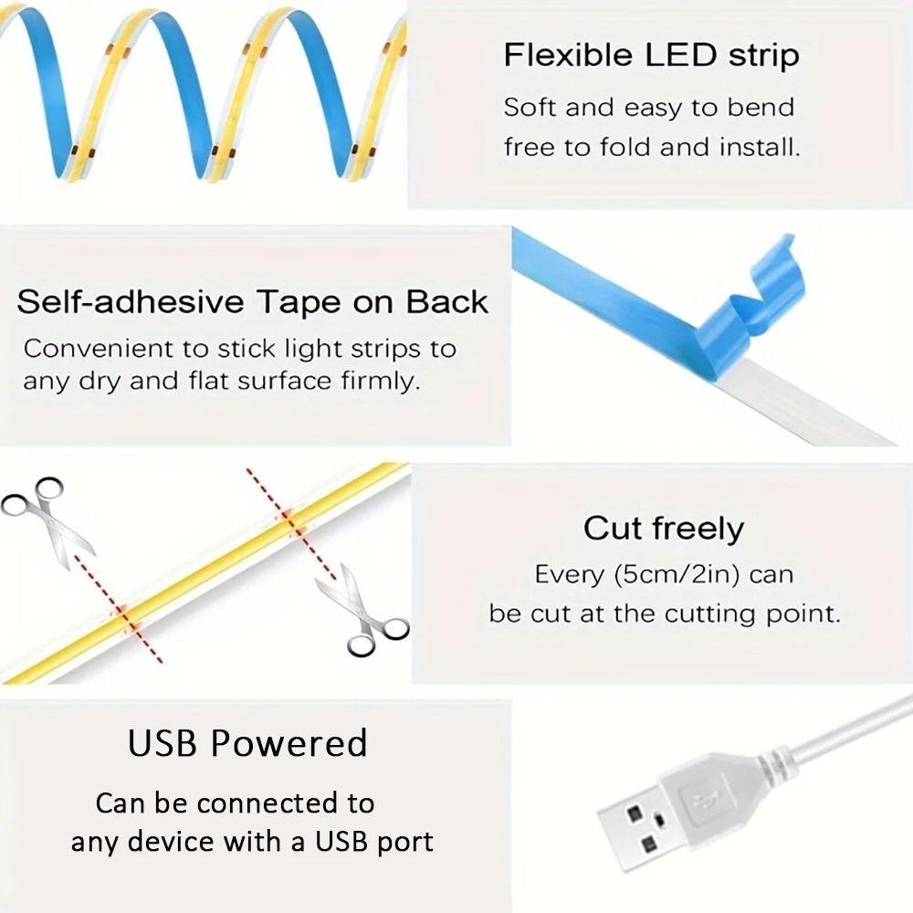 White USB 5V Led Lights Flexible Tape Lights New COB Led Strip Lights  Home