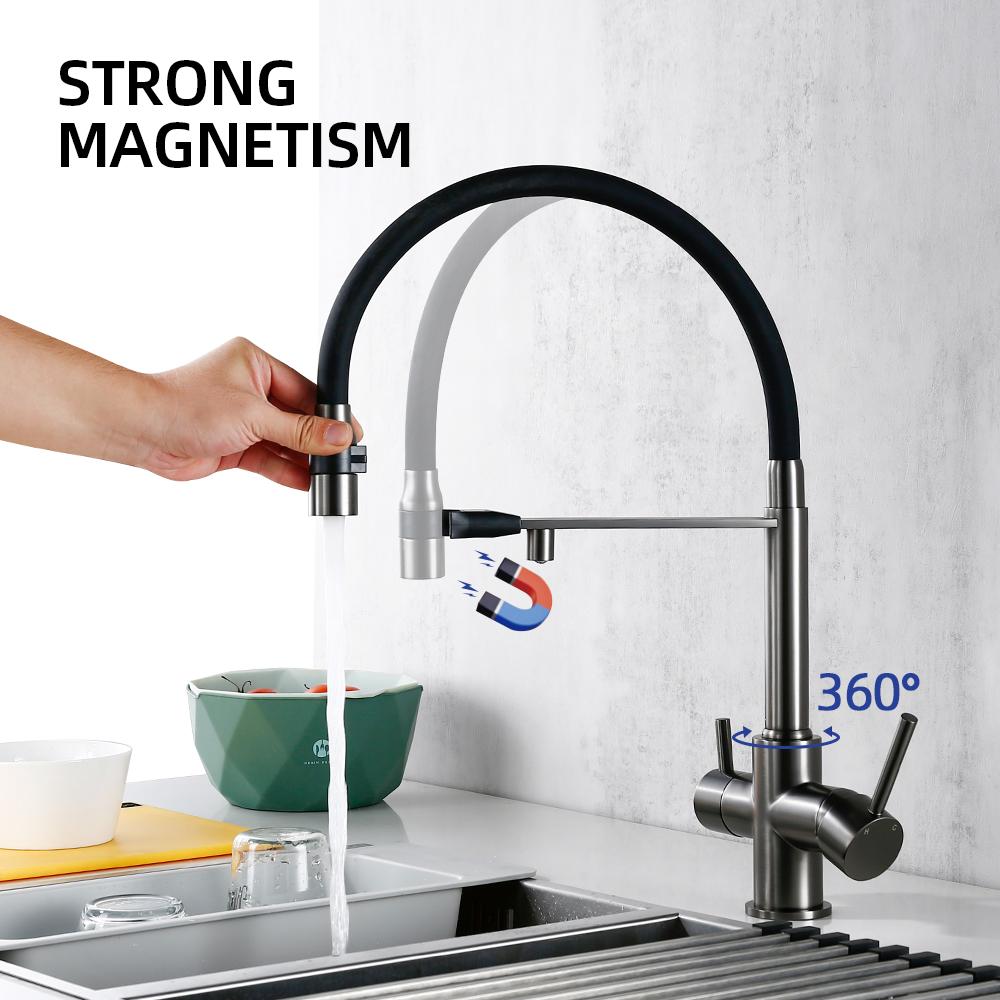 Kitchen Faucet Gunmetal Gray Brass 3 Ways Sink Mixer Black Hose Mount Pull Out Dual Sprayer Nozzle Water Taps