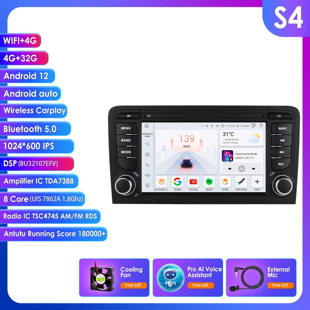 OSSURET 8Core DSP Car Multimedia Player for RS3 Sportback A3 8P S3 2003-2013 Carplay 4G Autoradio RDS GPS BT 4G-LTE WiFi AI  Intelligent Navigation
