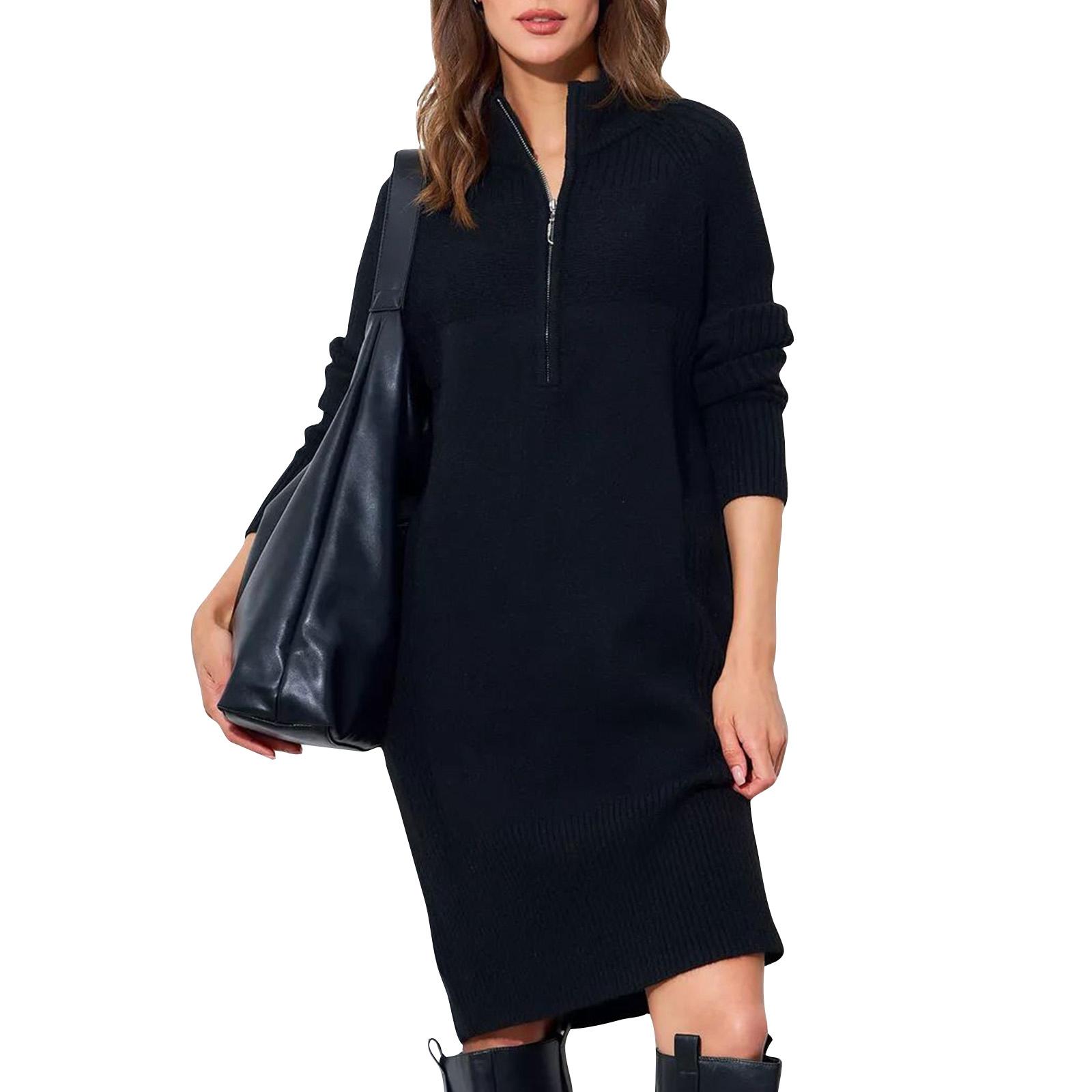 

Women s Chunky Knit Thermal Dress With Zip Fastening Casual Loose-Fit Wool Dress One Size