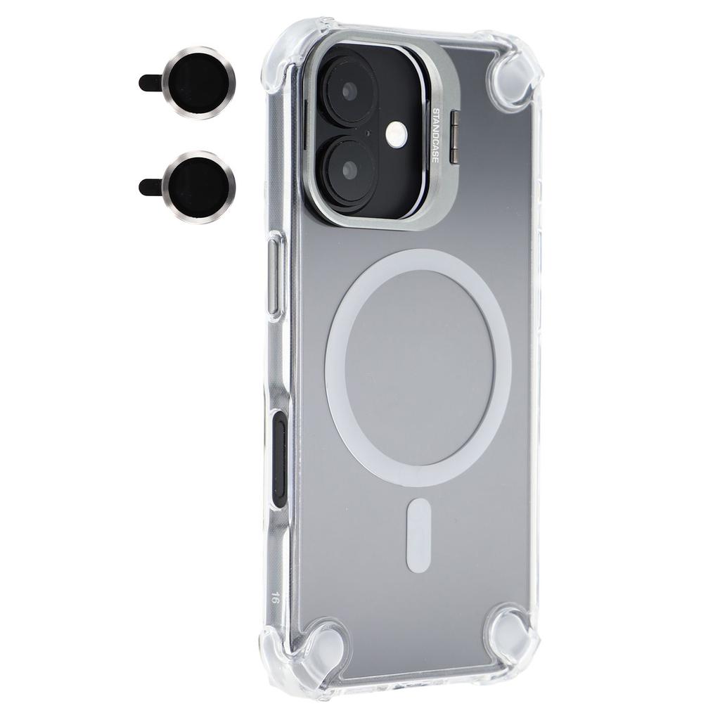 For iPhone 16 Magnetic Clear Case Shockproof Hybrid Phone Shell with Camera Lens Frame Kickstand